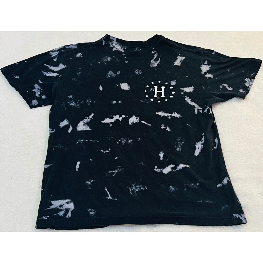 HUF Mens Acid Wash Tie Dye Graphic T-Shirt Black White Large H Logo Streetwear